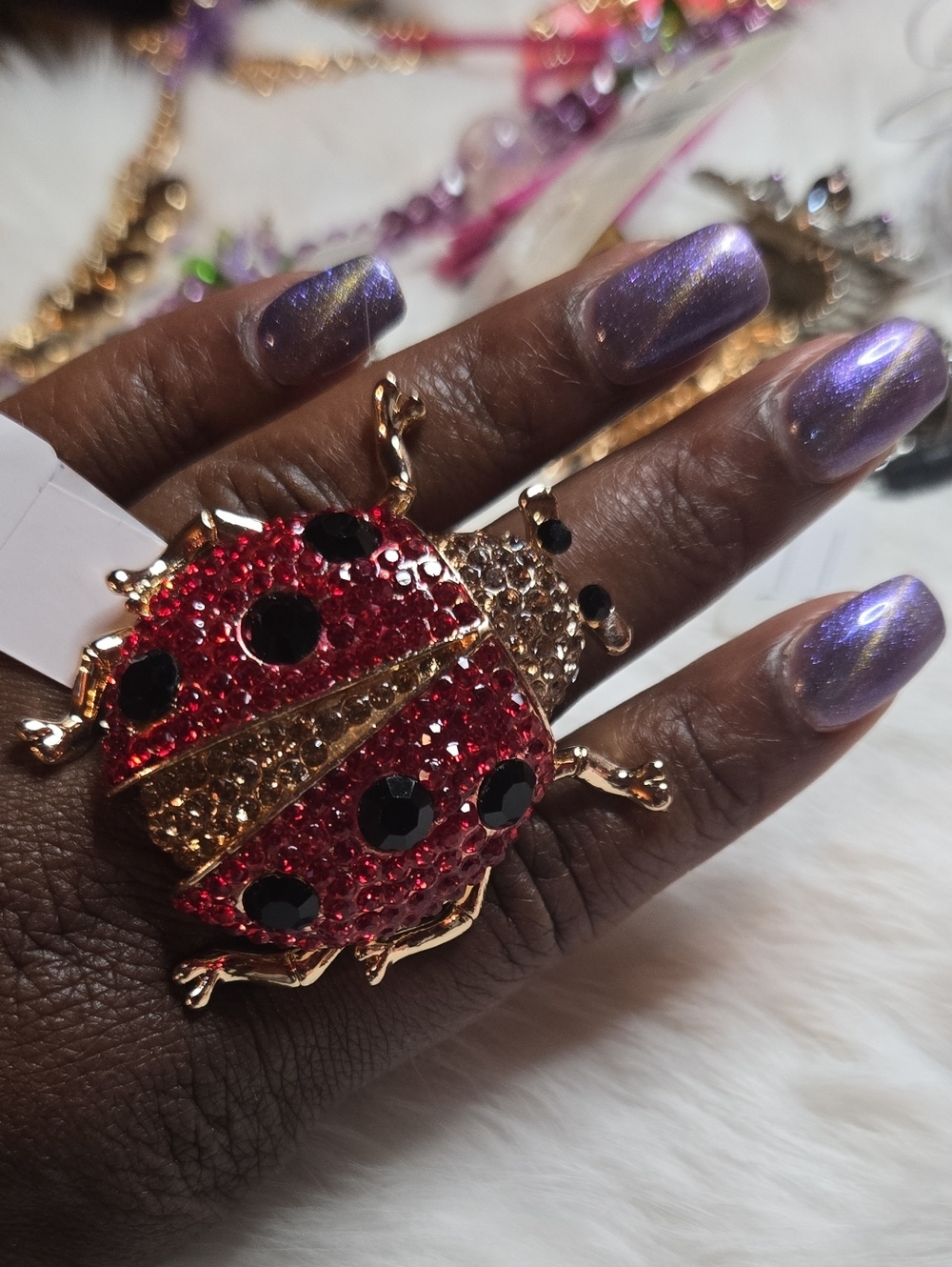 Gold-Tone Red Crystal Ladybug Adjustable Cocktail Ring NWOT